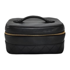 Chanel Vanity Case 1991-1994 Calfksin Leather Black Zip Opening Makeup Bag