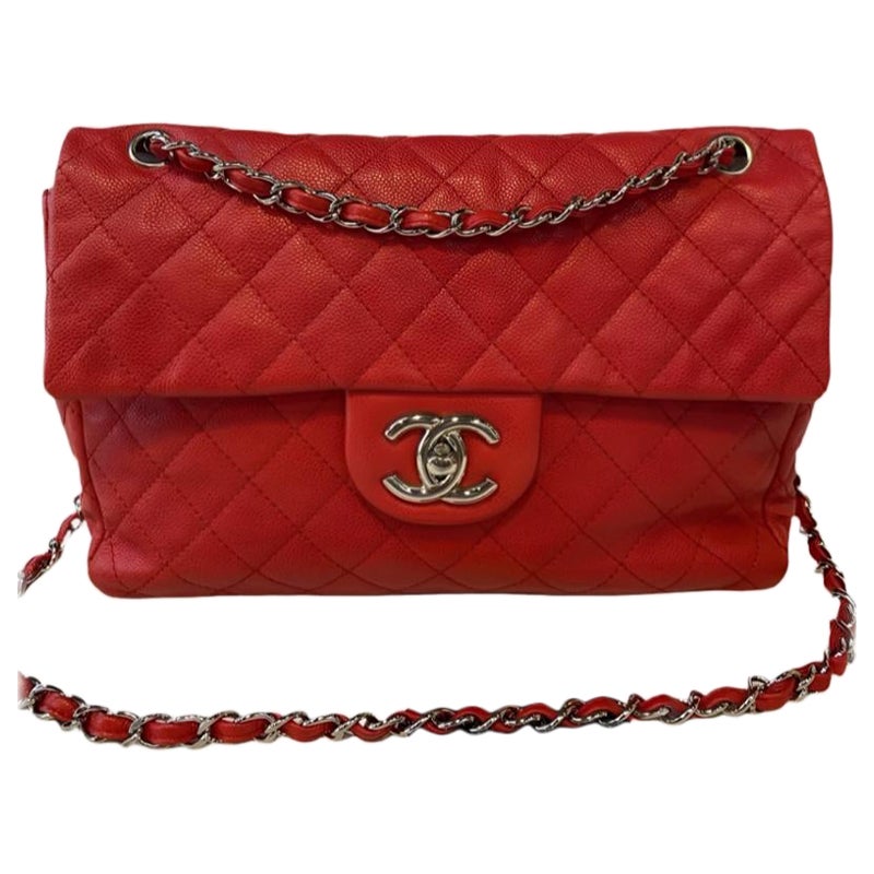 Chanel Classic Flap Maxi Red Caviar Leather Silver-tone Hardware Giant CC Logo