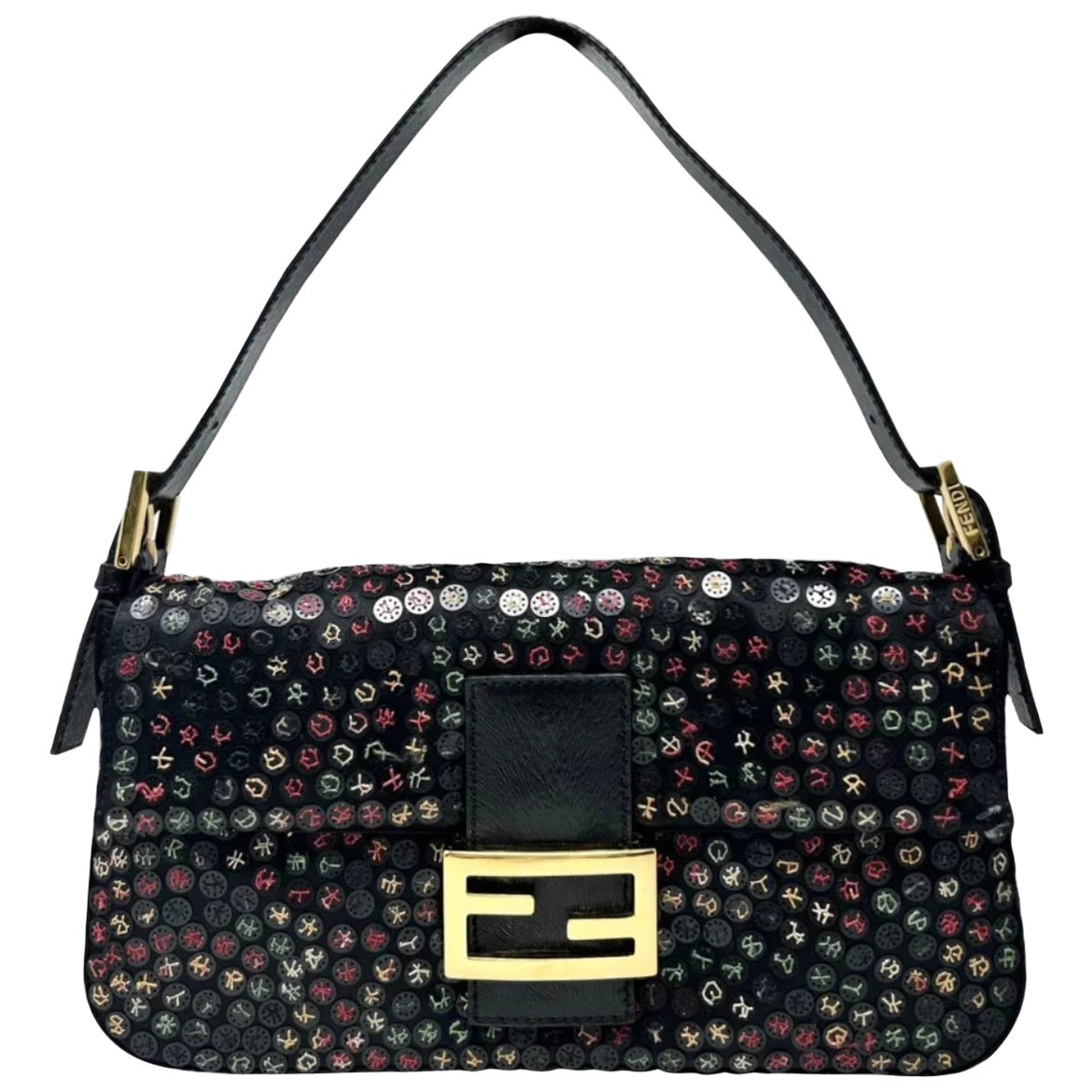 Fendi Baguette Multicolor Umhangetasche aus besticktem Leder mit Knopfleiste im Angebot bei 1stDibs