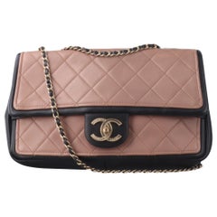 Chanel Classic Flap Bag Calfskin Leather 2014 Medium Nude Pink with Black Trim