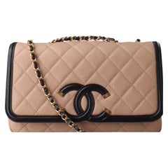 Chanel Filigree Flap Bag Caviar Leather 2017 Small Beige with Black Trim