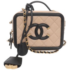 Chanel Filigree Mini Vanity Case Caviar Leather Beige with Black Trim, 2018-2019