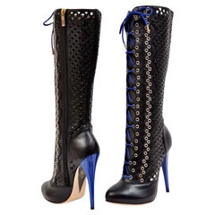 Resort 2012 New Versace Black Perforated Leather Platform Boots 37 - 7