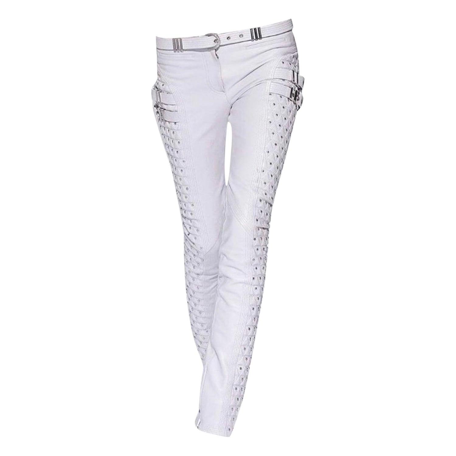 F/W 2013 Versace pantalones biker de cuero acolchado blanco con tachuelas 38 - 44 NWT en venta