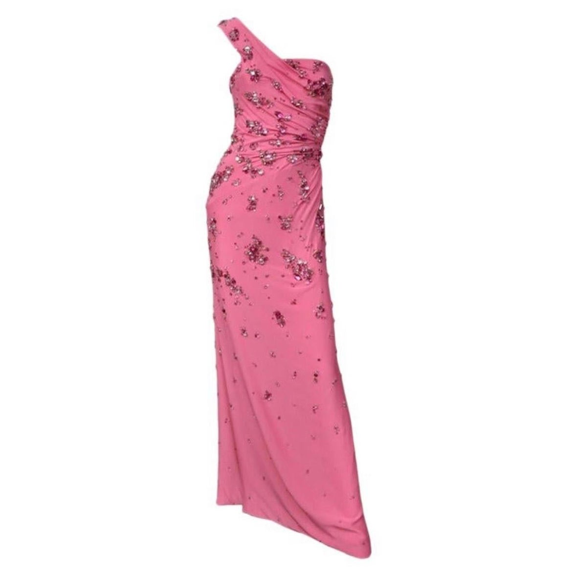 2009 Vintage Versace Crystal Embellished One Shoulder Pink Gown Italian 42 NWT For Sale