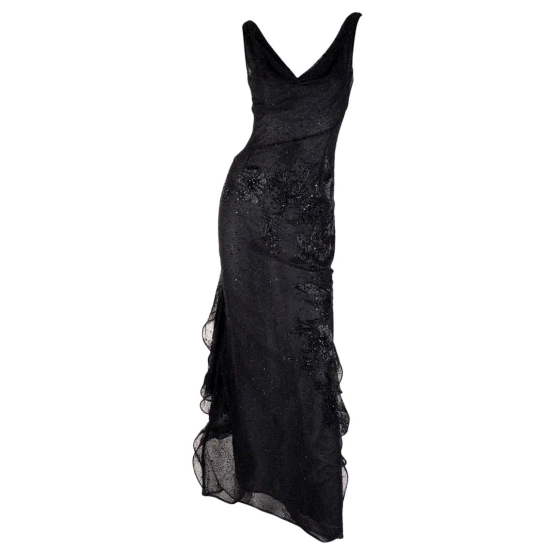 S/S 1999 Atelier Versace Runway Black Beaded Gown worn by Carmen Kaas For Sale