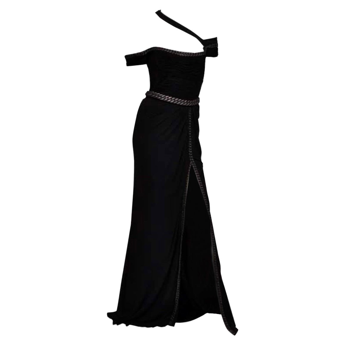 F/W 2007 Look #44 Vintage Versace Chain Embellished Long Black Dress Gown 40 – 4 For Sale