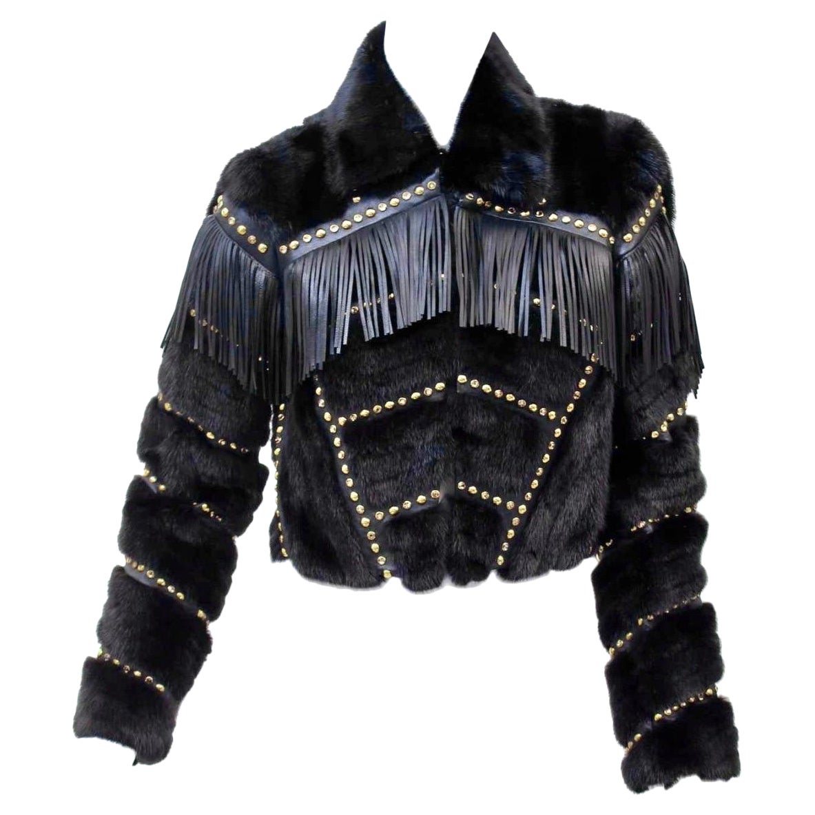 Versace mink fur cropped jacket with studs, crystals and leather fringe NWT For Sale