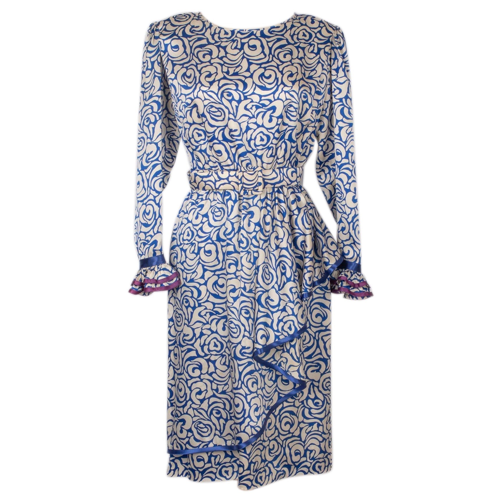 Blue and white Flounced Printed Silk Dress with Purple and Blue Satin Braids For Sale