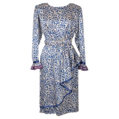 Blue and white Flounced Printed Silk Dress with Purple and Blue Satin Braids