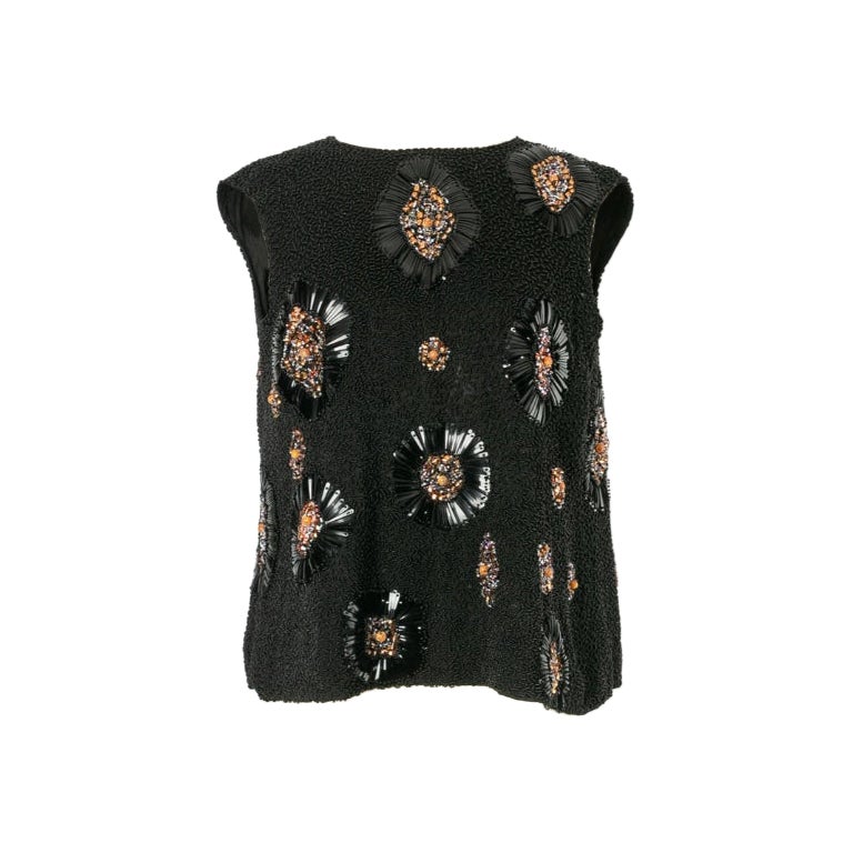 Pierre Balmain Beaded Black Silk Sleeveless Top For Sale