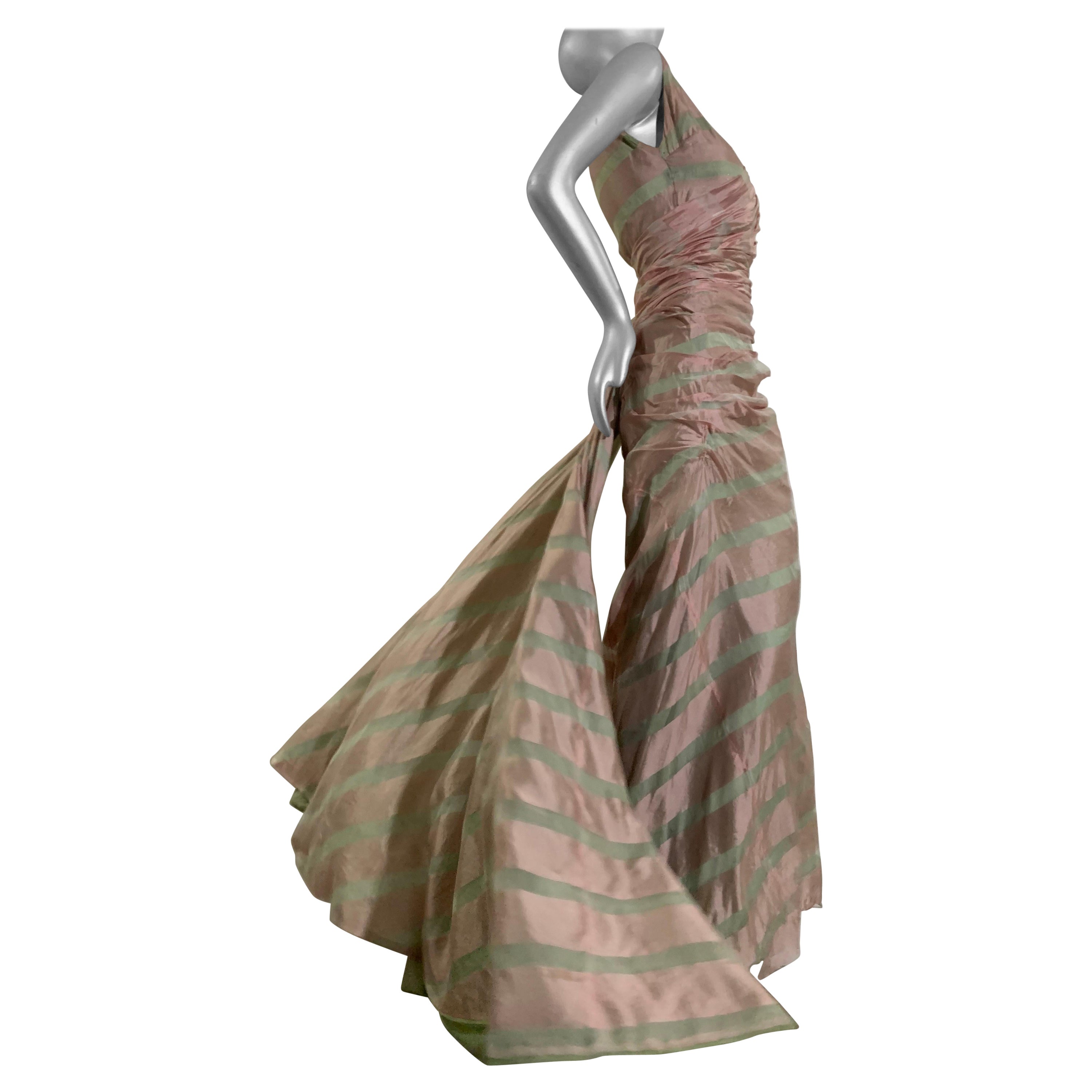 1950s Custom-Made Pink & Celadon Silk Organza Evening Gown w Bias Gather & Train
