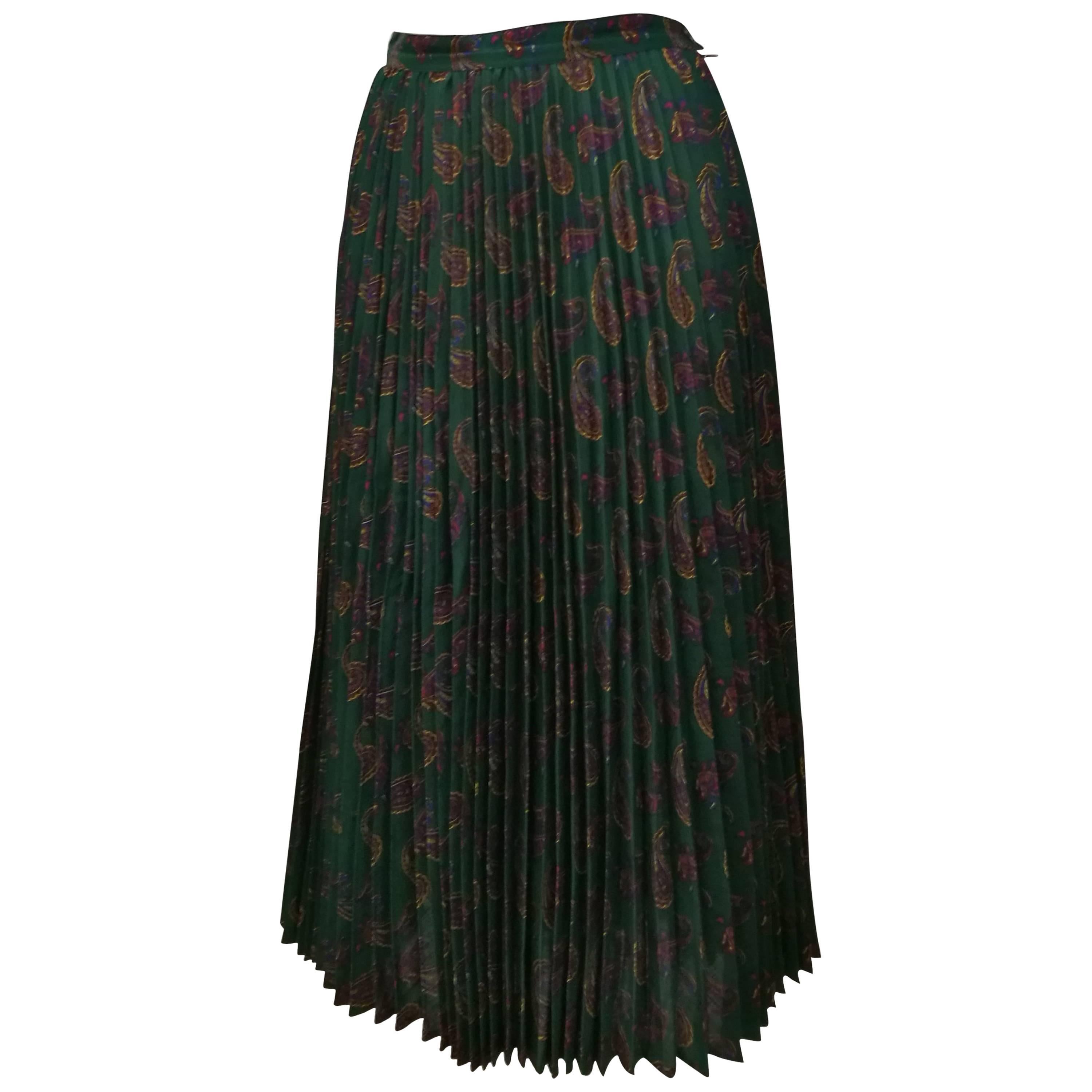 1980s Cacharel Plisset Green Wool Skirt For Sale