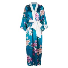NEW Olivia von Halle Turquoise Floral Print Silk Dressing Gown Kimono Robe OS