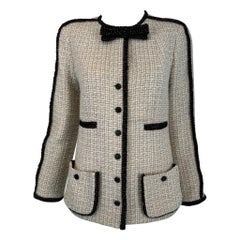 Chanel 2003A Black & White Metallic Wool Bow Tie Neck Jacket 40