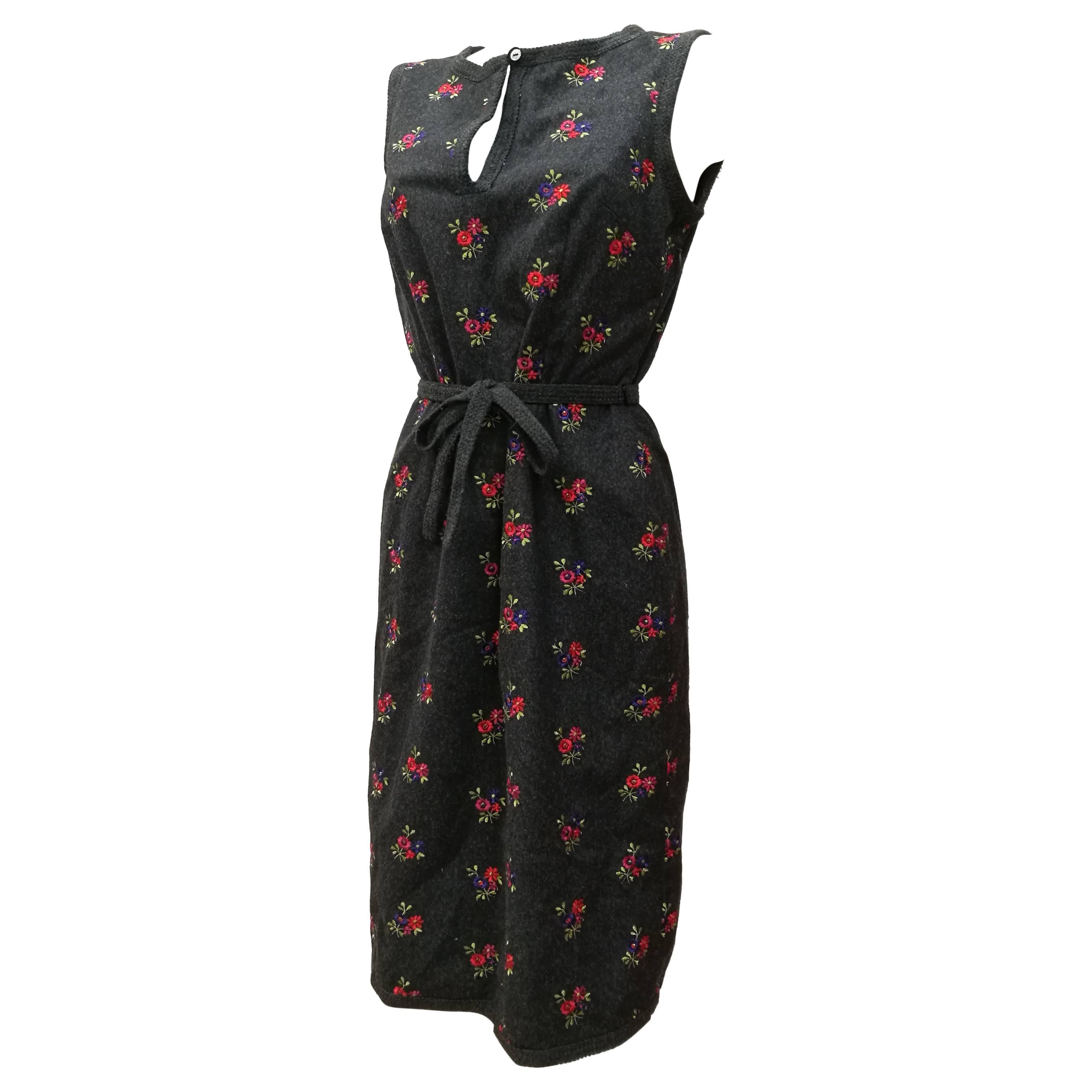 1990s Moschino Grey Embellished Flowers Wool Dress For Sale