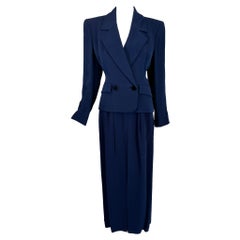 Vintage Yves Saint Laurent Rive Gauche 1990s Navy Blue Gabardine Jacket & Maxi Skirt 42