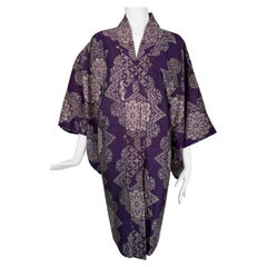 Vintage Purple & Silver Slub Silk Brocade Short Kimono with Bright Silk Lining