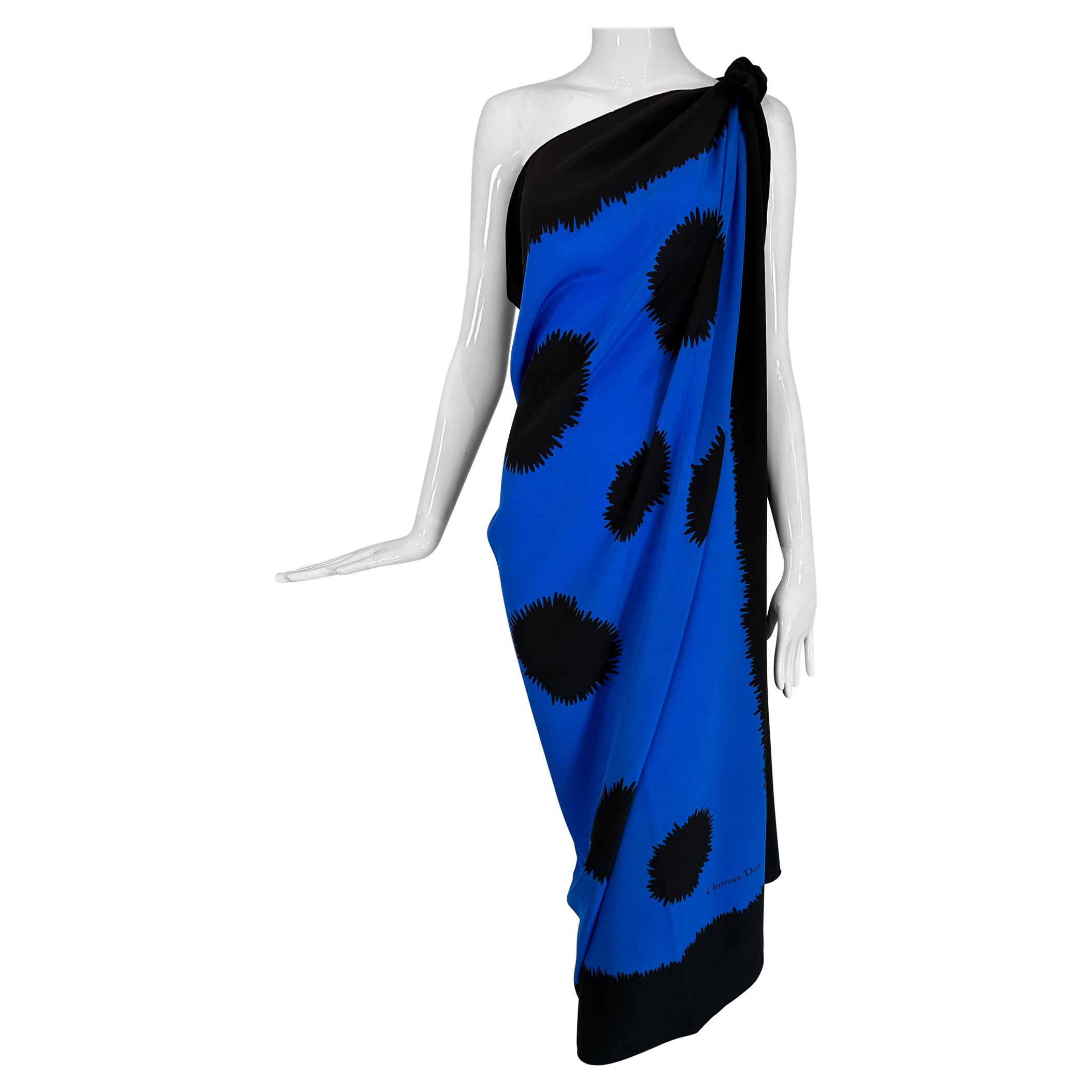 Christian Dior Large Black & Blue Silk Starburst Design Shawl Wrap Scarf 54" Sq. For Sale
