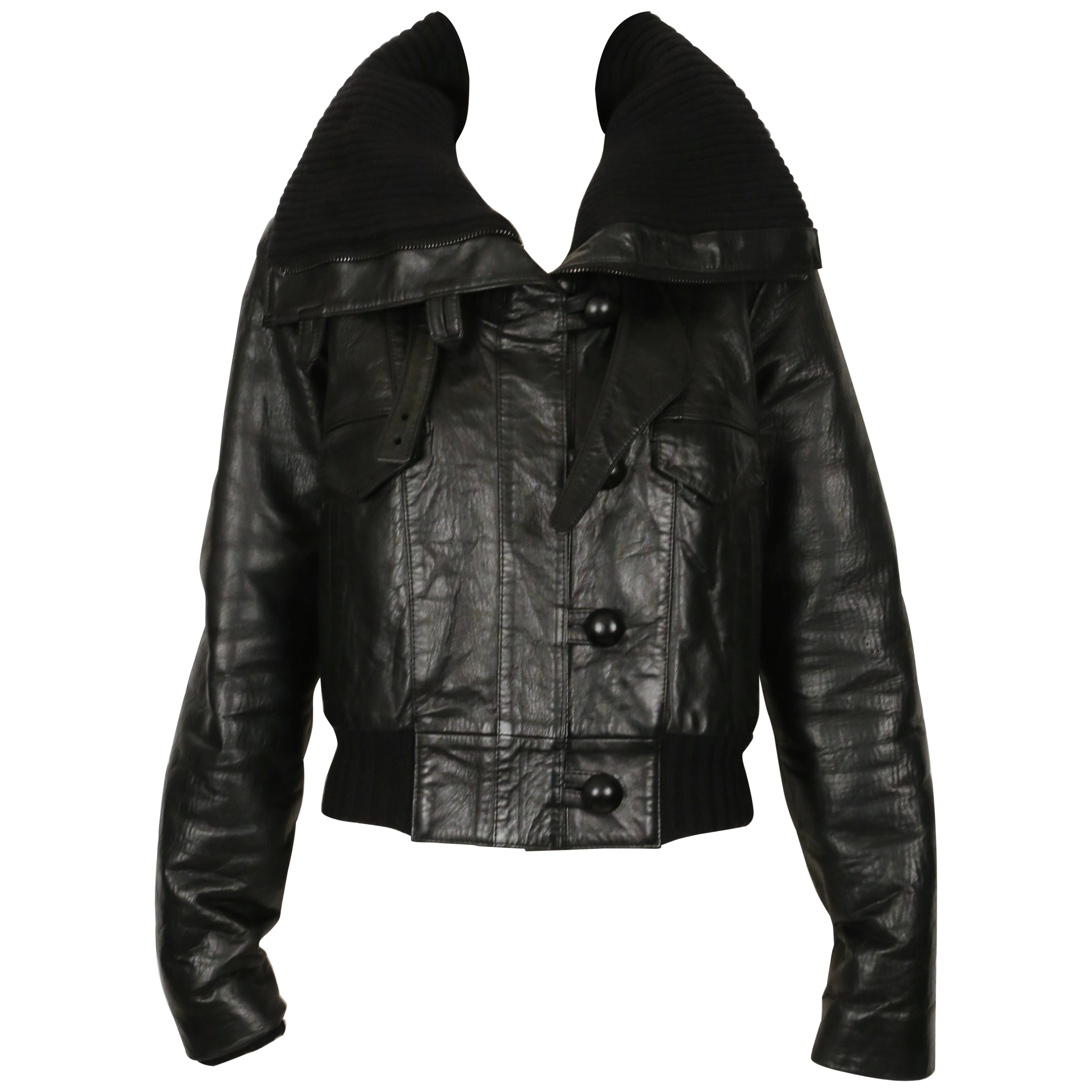 2002 BALENCIAGA by Nicolas Ghesquiere black leather runway coat with wool trim For Sale
