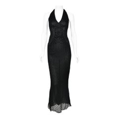 2002 Versace Couture Black Semi-Sheer Lace & Silk Fishnet Halter Hourglass Gown