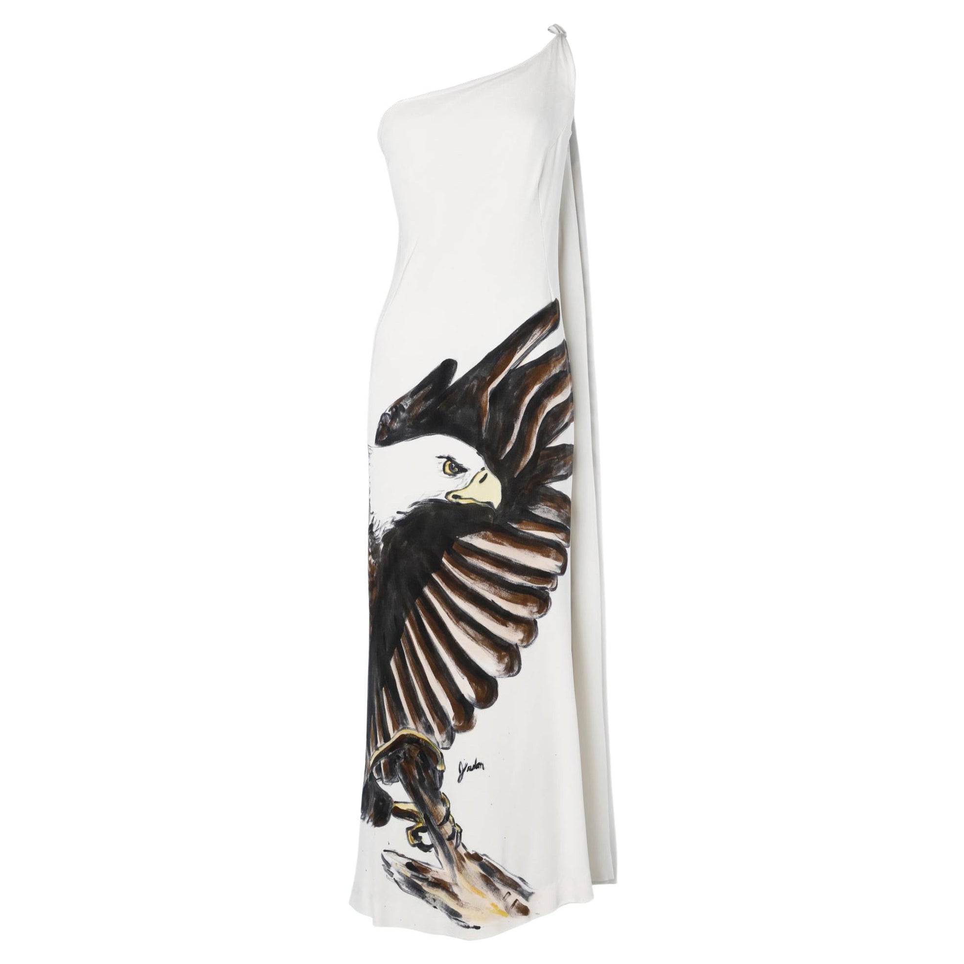 Long asymmetrical jersey dress with an hand-painted eagle Jordan Couture For Sale
