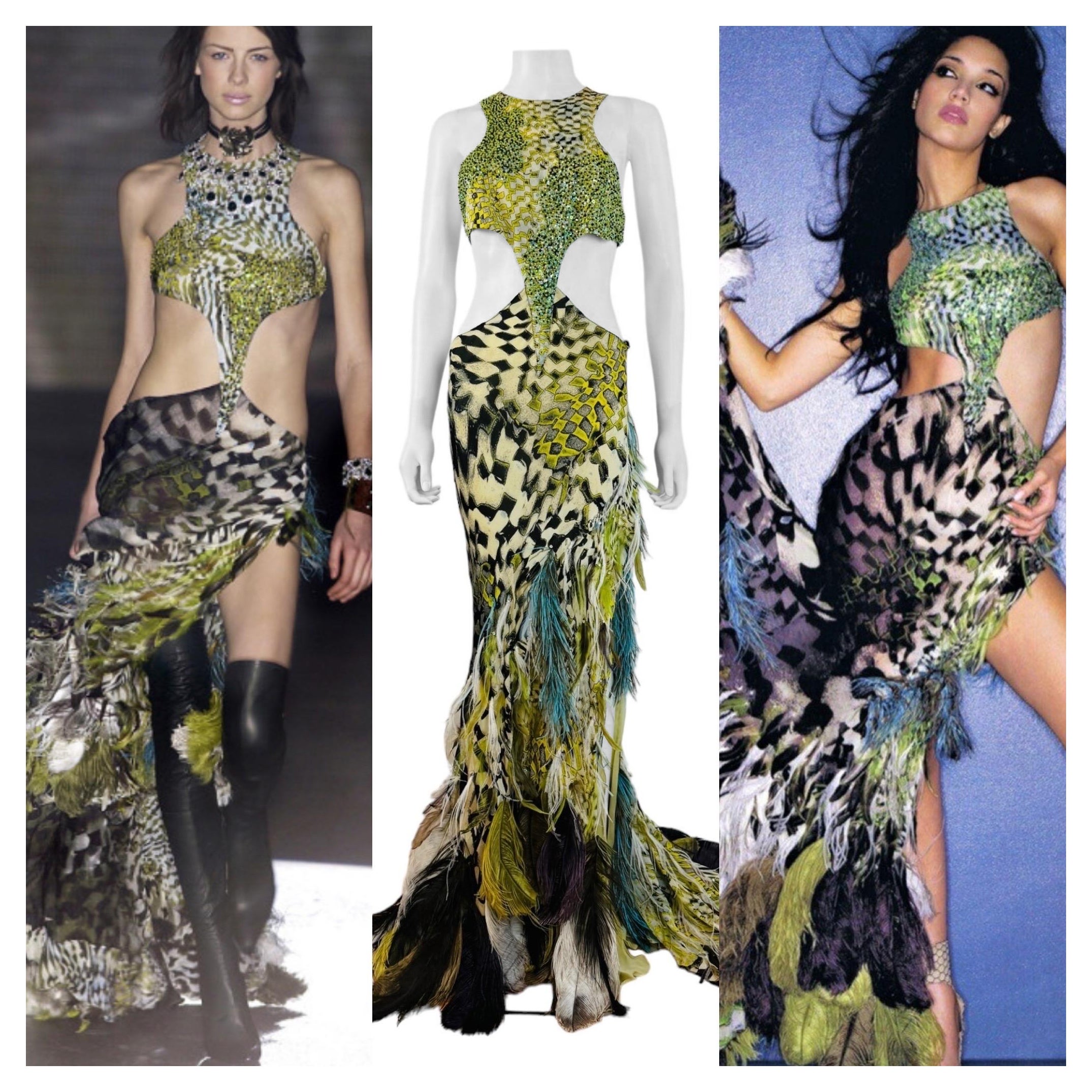 F/W 2003 Roberto Cavalli Gown Dress (shown pinned on bust on mannequin)
Incredible runway piece
Graphic print silk fabric with green silk lining on the skirt
Halter neckline top with hand beading + sequins
Cut out detail on the midriff
Maxi length
