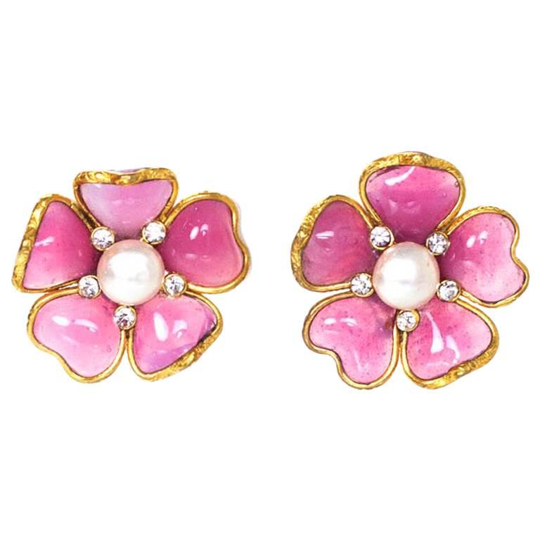 Chanel Pink Gripoix Flower Clip On Earrings