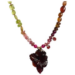 Genuine Burma Ruby Handcarved Tourmaline Charm Yellow Gold Necklace