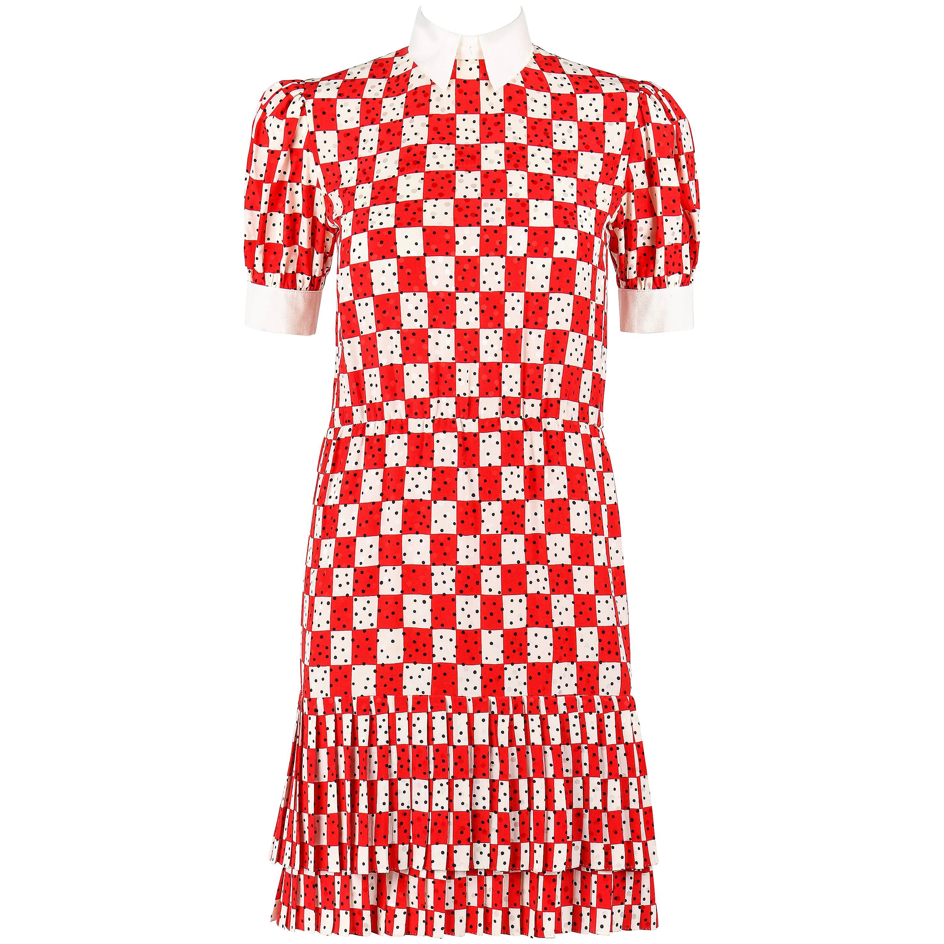 BILL BLASS c.1980's Red White Checkboard Polka Dot Print Silk Shirtwaist Dress