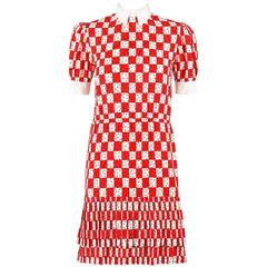 BILL BLASS c.1980's Red White Checkboard Polka Dot Print Silk Shirtwaist Dress