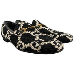 GUCCI Size 11.5 Black White Tweed Monogram Leather Slip On Flats
