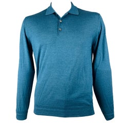 Polo BRIONI taille XL tricoté en laine, soie et cachemire bleu sarcelle