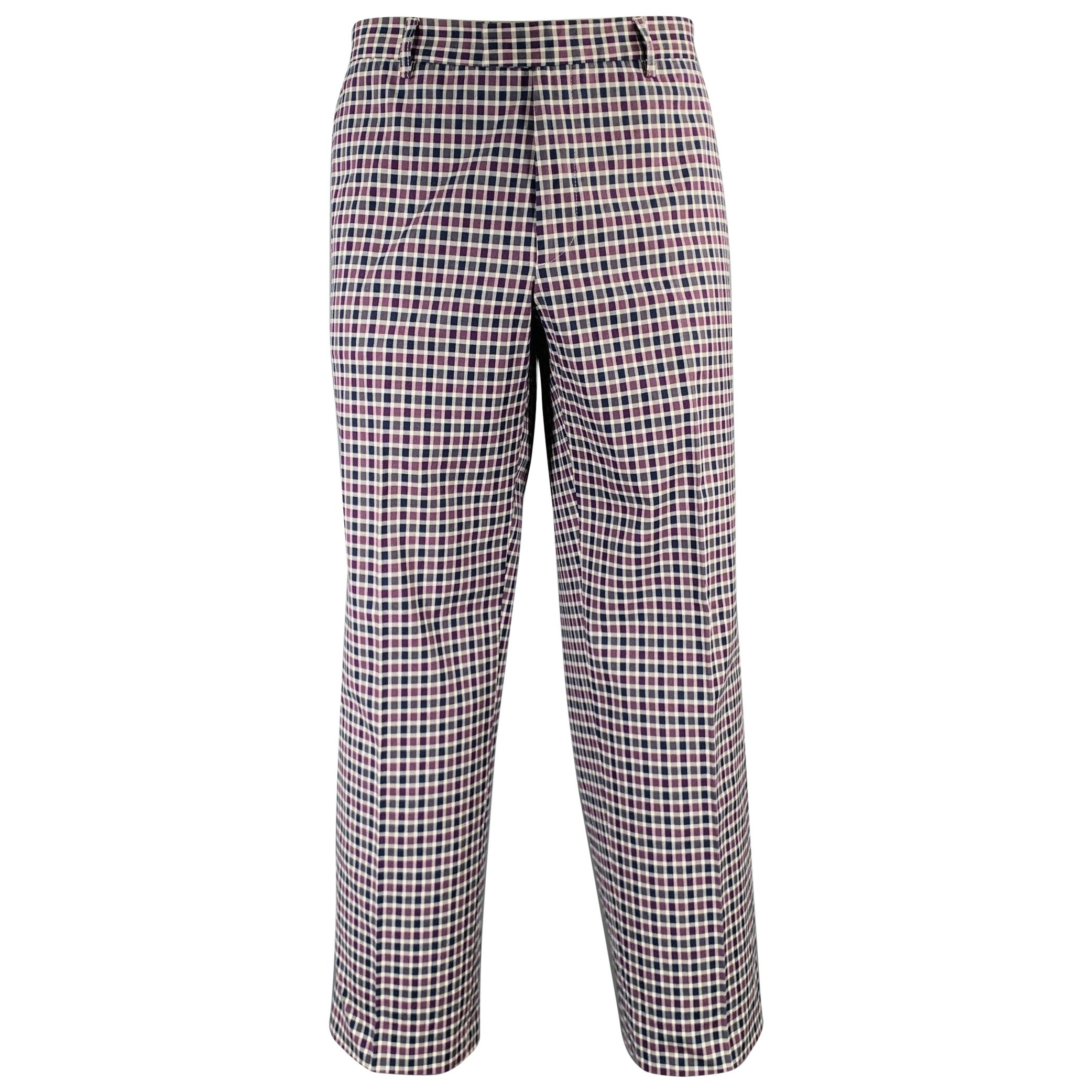 Etro Taglia 36 Viola Navy Bianco a scacchi in misto cotone con zip Fly Dress Pants