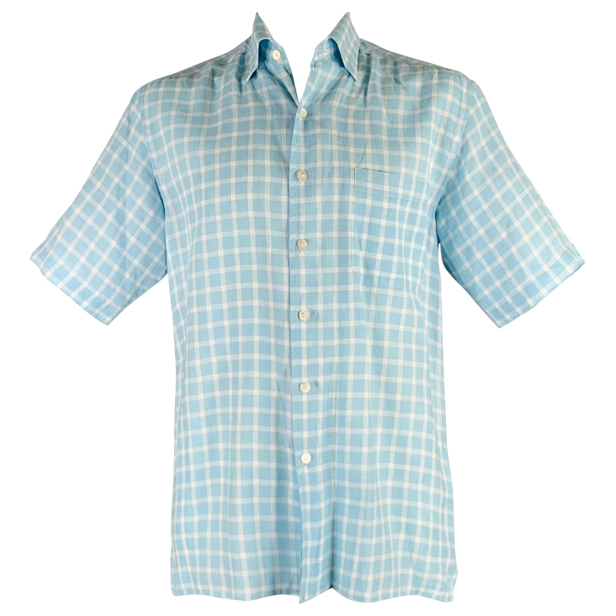 ERMENEGILDO ZEGNA Taille L Chemise à manches courtes en lin bleu clair et blanc à carreaux