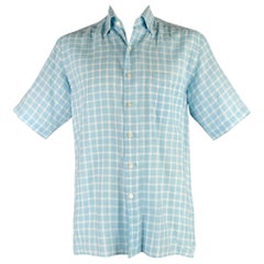 Ermenegildo Zegna Taglia L Camicia a maniche corte in lino a quadri bianchi e blu chiaro