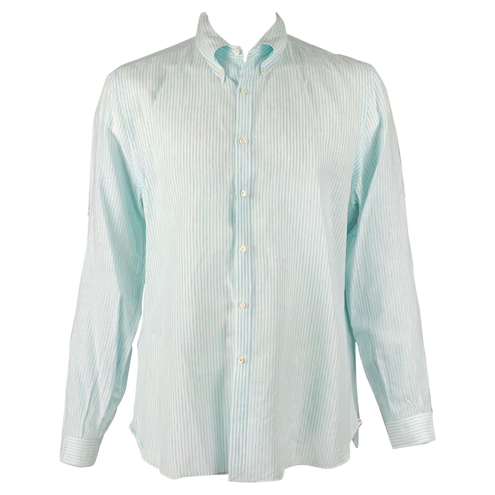 ISAIA Size XL Blue White Stripe Linen Cotton Roll Tab Long Sleeve Shirt For Sale