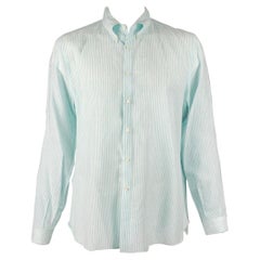ISAIA Size XL Blue White Stripe Linen Cotton Roll Tab Long Sleeve Shirt