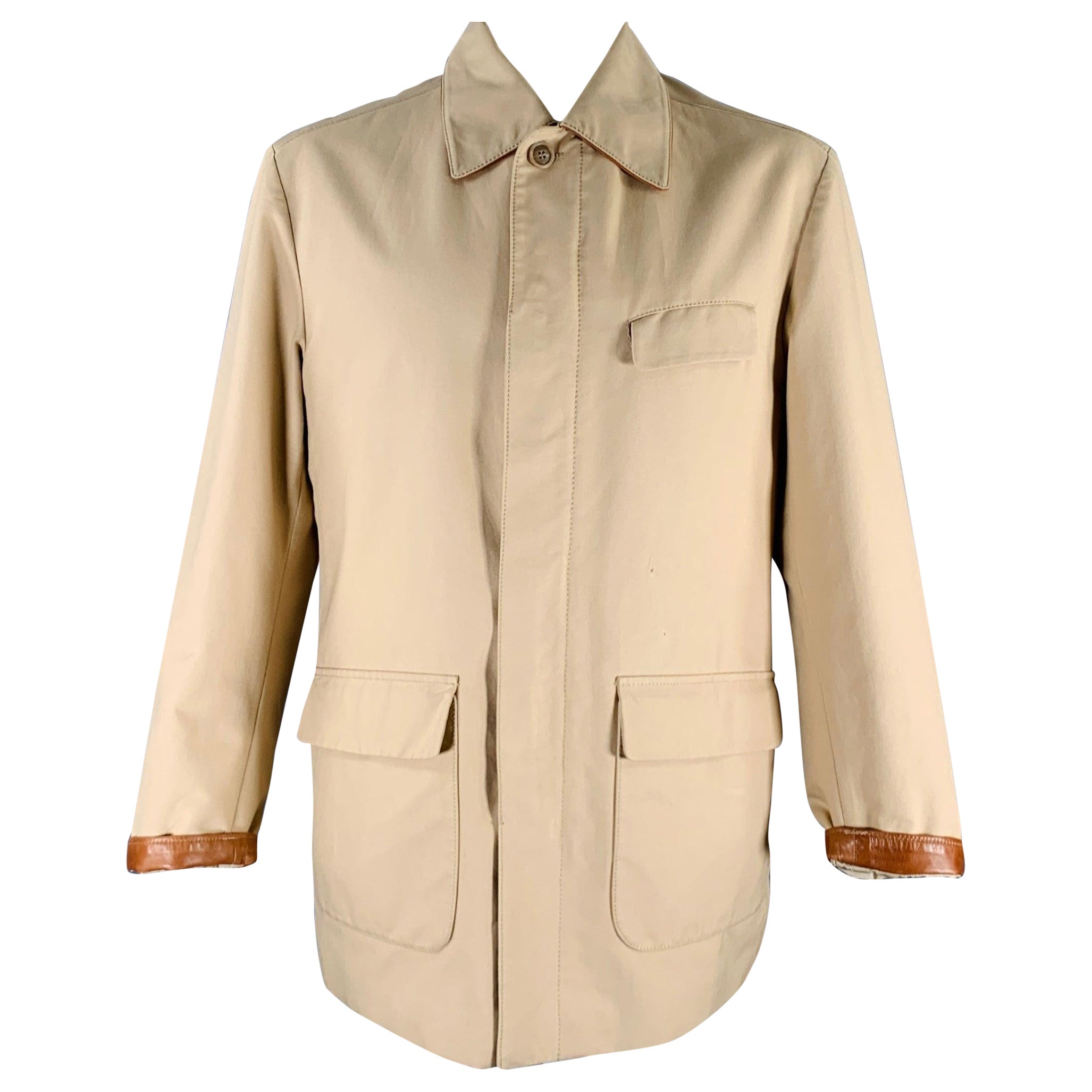 BRIONI Talla XL Abrigo Caqui Algodón Seda Cremallera Botones Sistema Tormenta