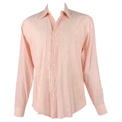 BRIONI Size L Orange Purple Pinstripe Linen Button Up Long Sleeve Shirt