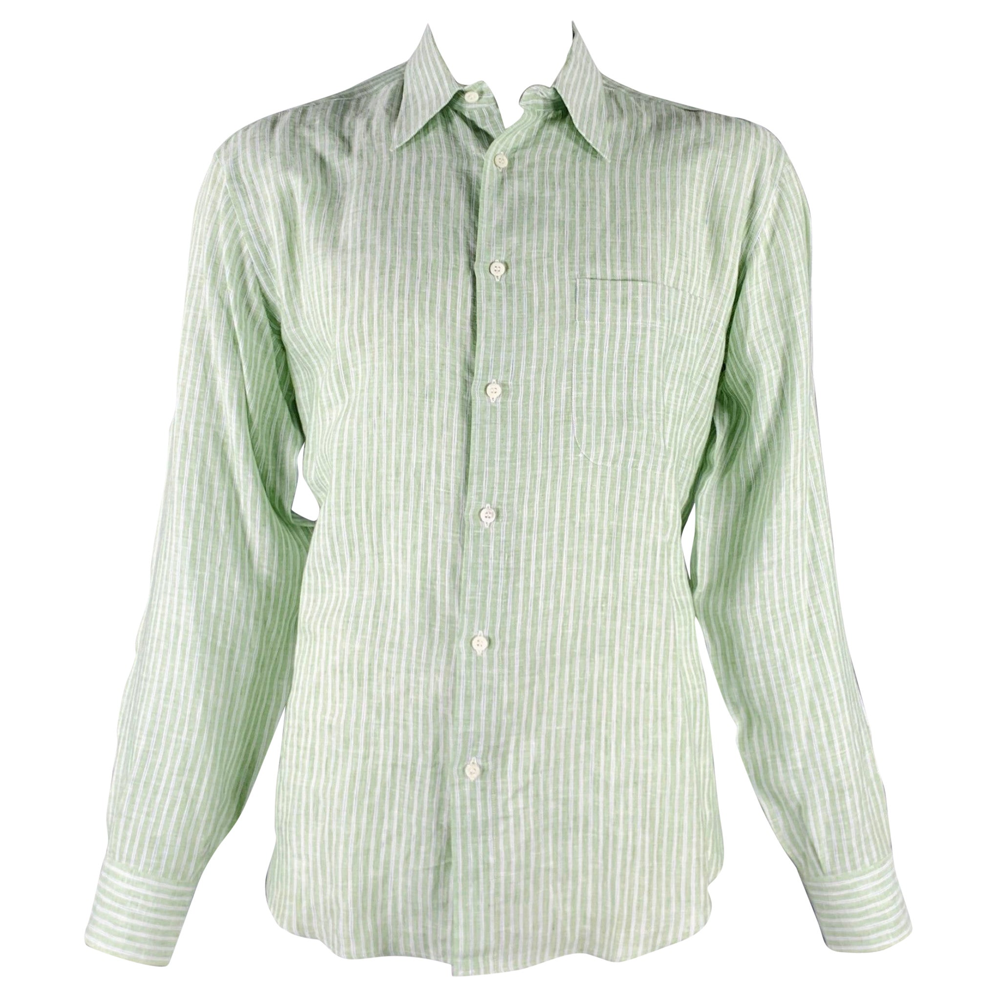 BRIONI Size L Green Stripe Linen Button Up Long Sleeve Shirt For Sale