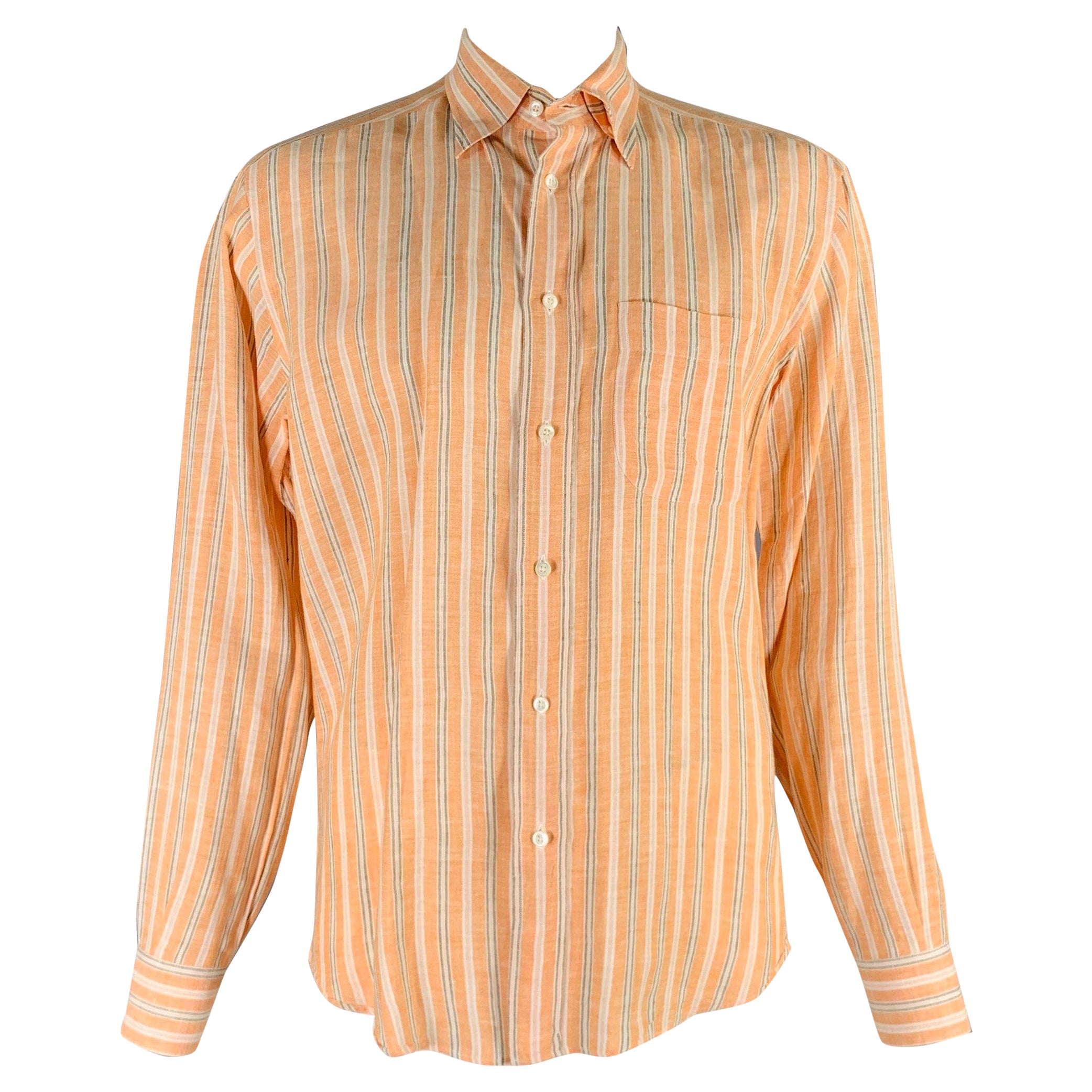 BRIONI Size L Orange Stripe Linen Button Up Long Sleeve Shirt