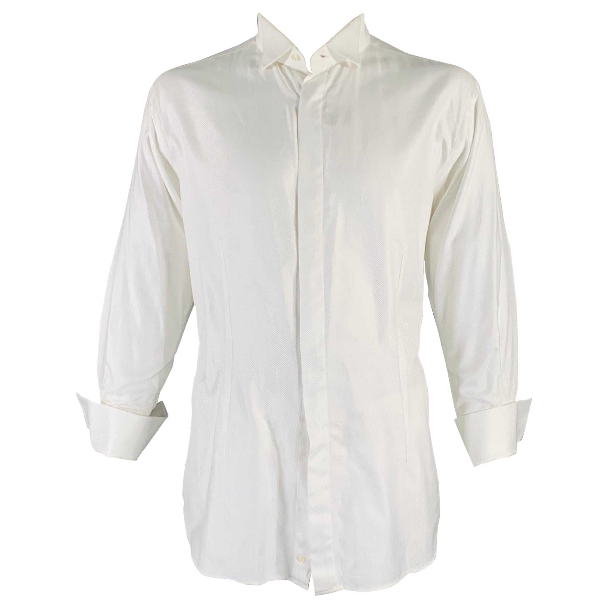 ETRO Size XXL White Herringbone Cotton Tuxedo Long Sleeve Shirt For Sale