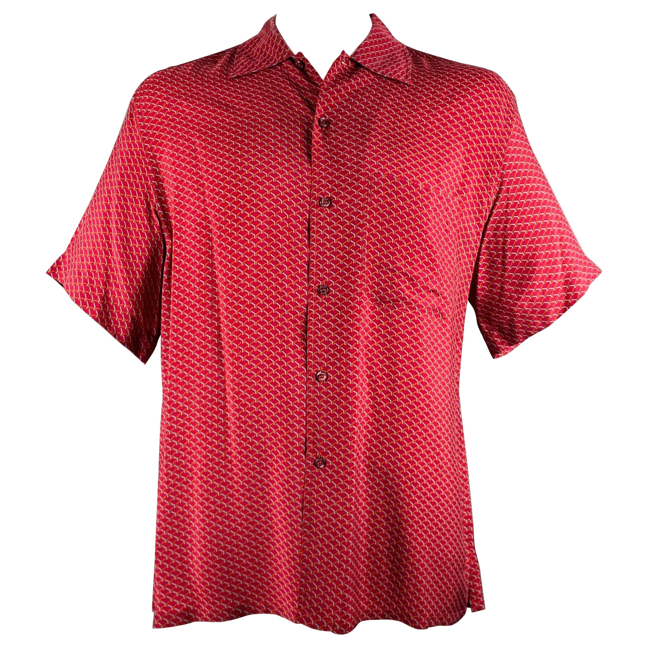 BRIONI Size L Burgundy Orange Blue Geometric Print Rayon Short Sleeve Shirt For Sale
