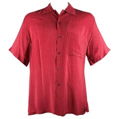 BRIONI Taglia L Camicia a manica corta in rayon con stampa geometrica, colore arancione e blu.
