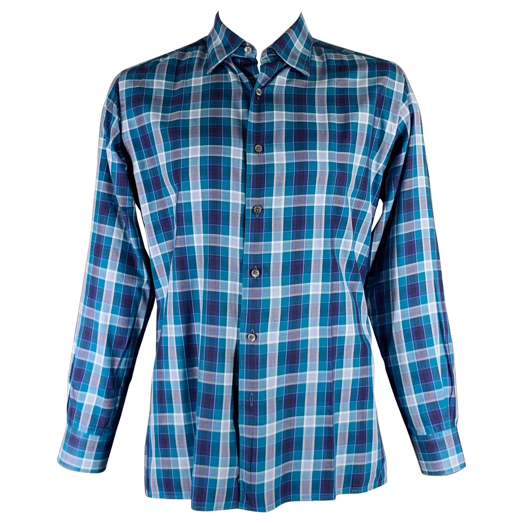ERMENEGILDO ZEGNA Size XL Blue Plaid Cotton Button Up Long Sleeve Shirt For Sale
