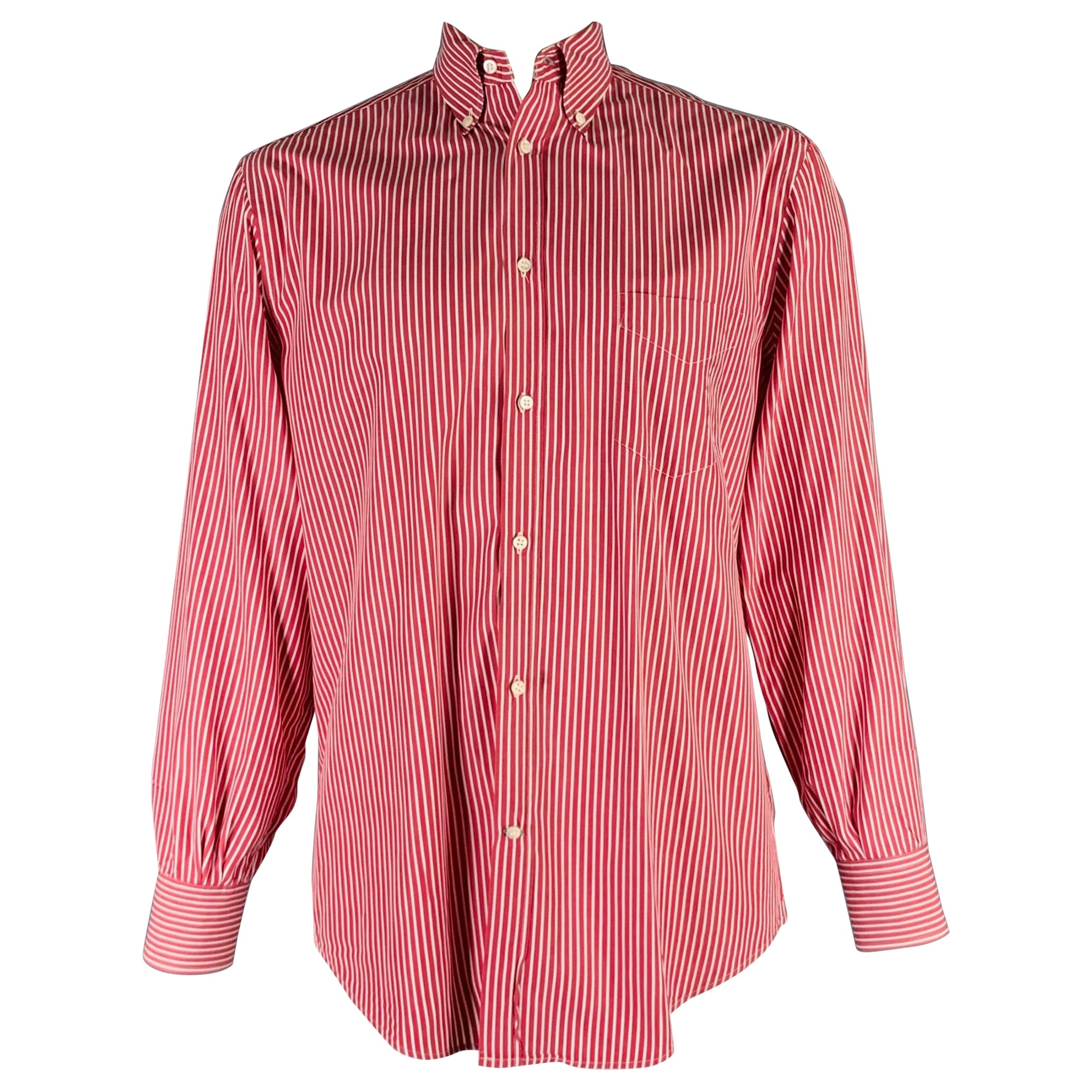 BRUNELLO CUCINELLI Size XXL Burgundy White Stripe Cotton Long Sleeve Shirt For Sale
