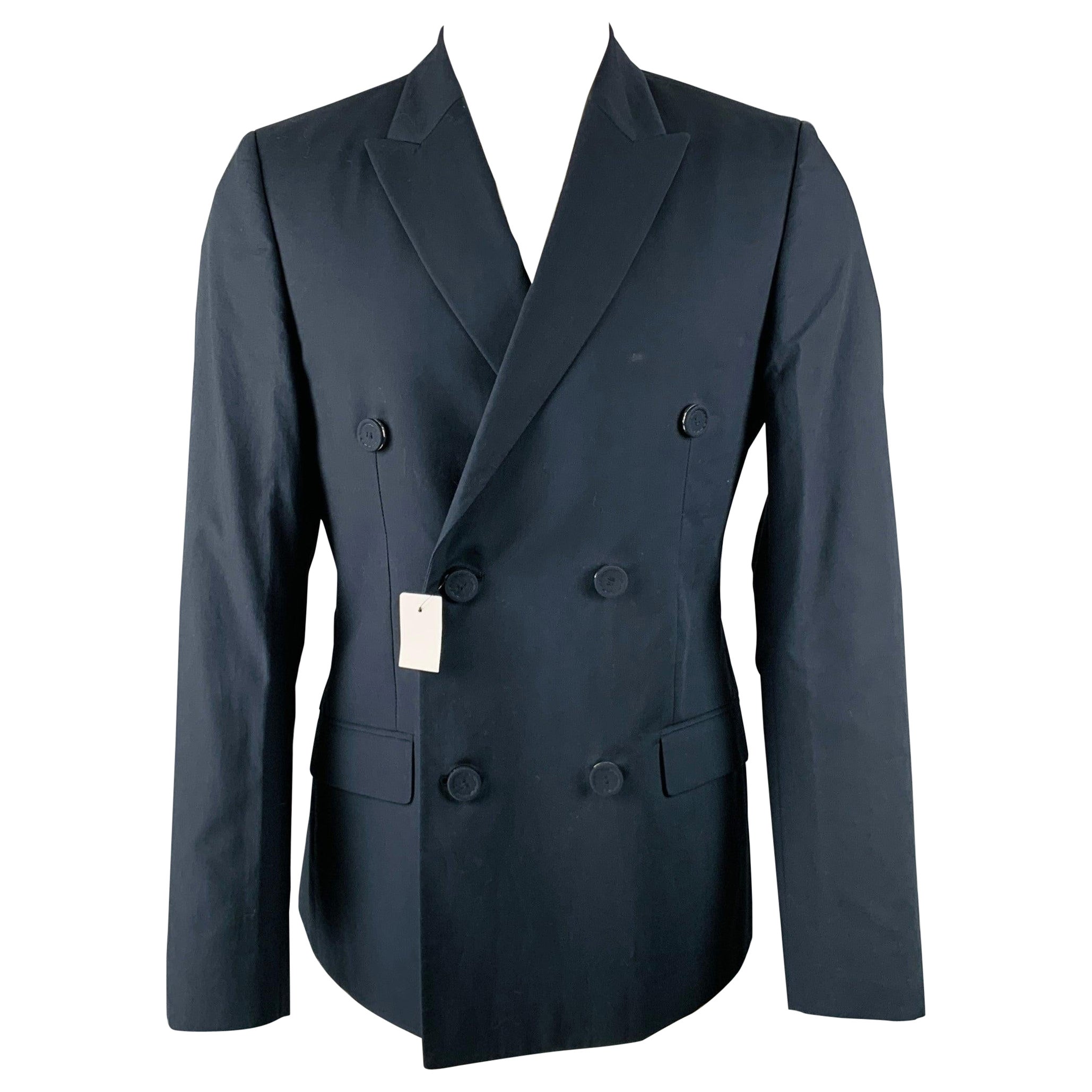 CALVIN KLEIN COLLECTION Size 38 Navy Cotton Double Breasted Sport Coat For Sale