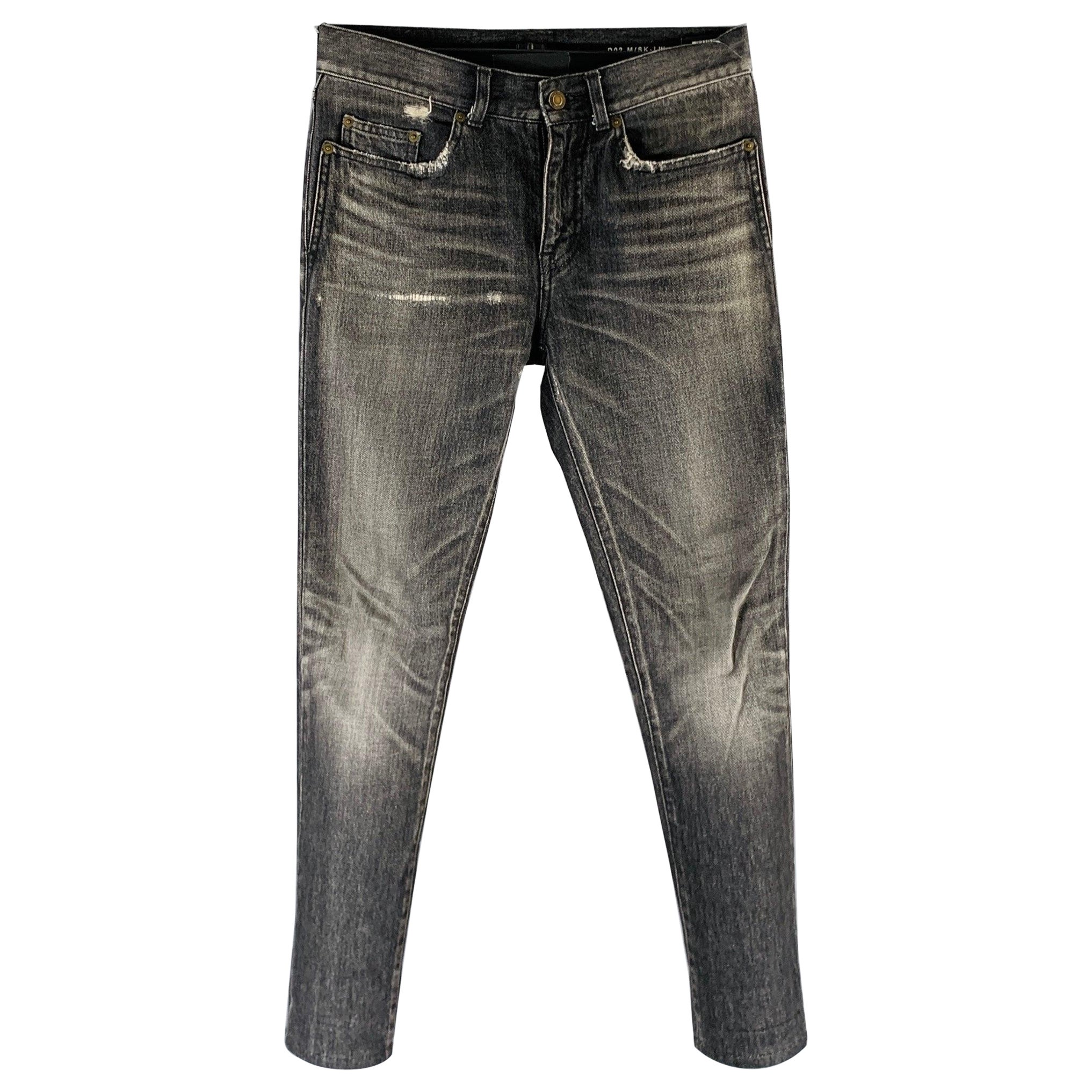 SAINT LAURENT Taille 28 Gris Charcoal Distressed Cotton Straight Jeans