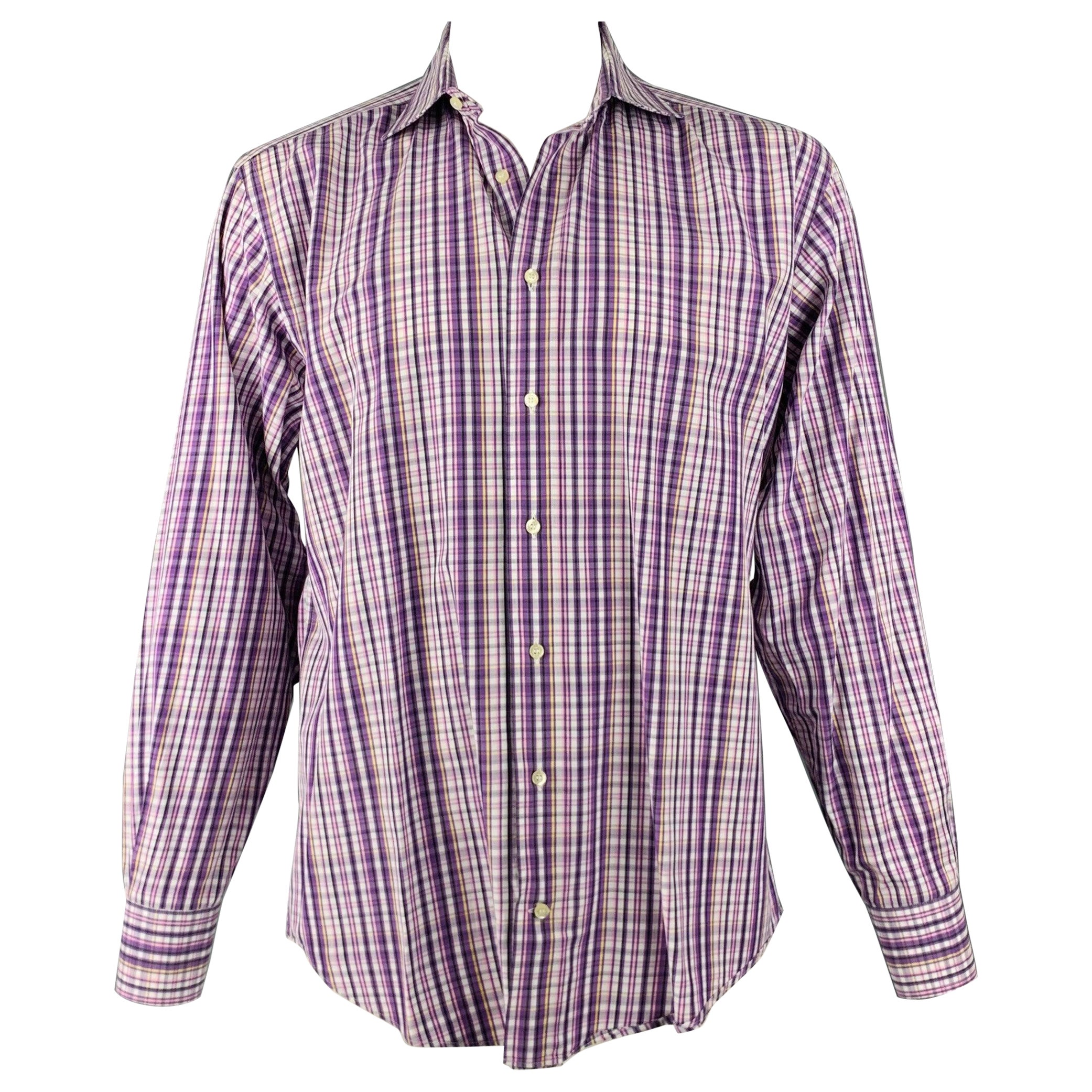 ETRO Size L Purple White Plaid Cotton Button Up Long Sleeve Shirt For Sale